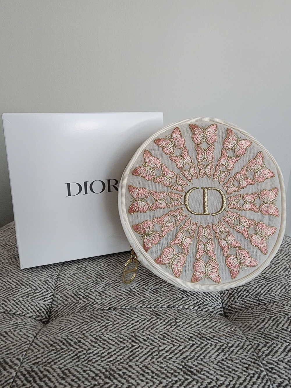 Dior Round Butterfly Embroidered Pouch in Pink and Cream with Gold Hardware